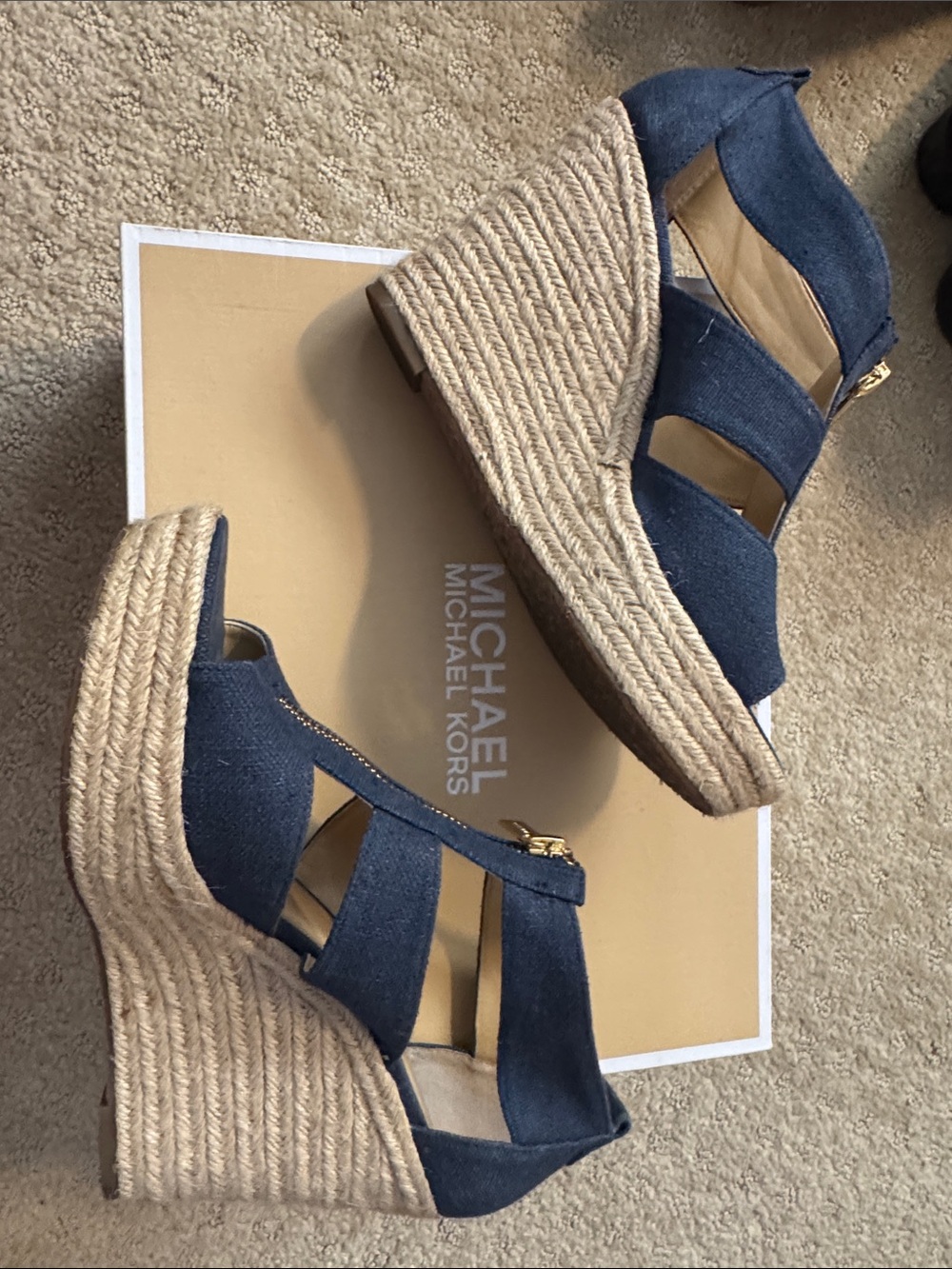 Michael Kors Navy Blue Espadrille Wedge Sandals with Front Zippers